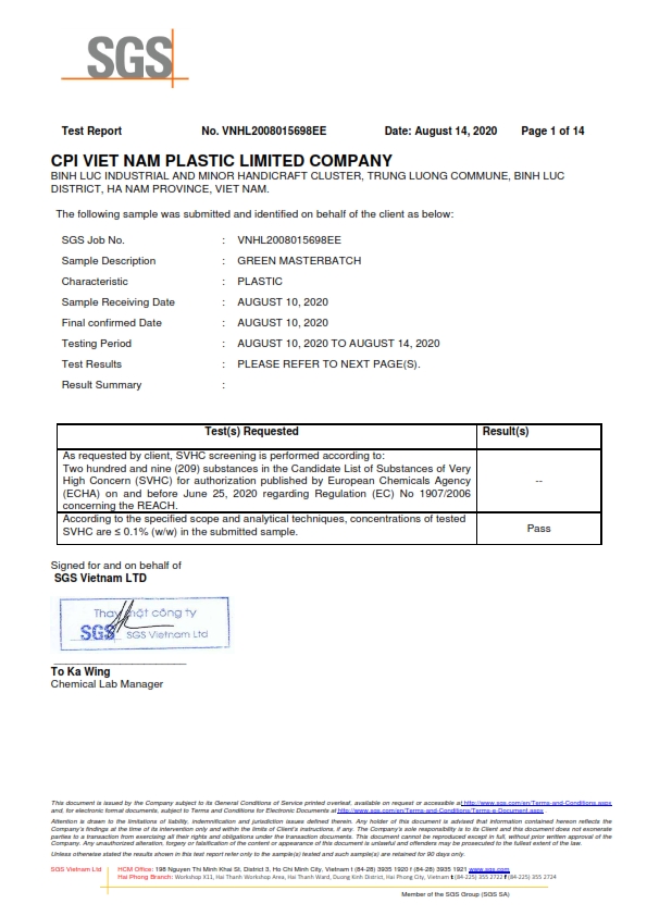 Chứng chỉ REACH – Green Masterbatch của Nhựa CPI Việt Nam