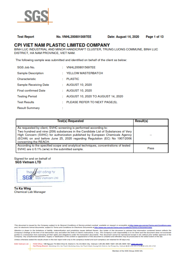 Chứng chỉ REACH – Yellow Masterbatch của Nhựa CPI Việt Nam